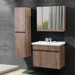 Mobile bagno sospeso 100 cm rovere scuro con specchio contenitore, Mona