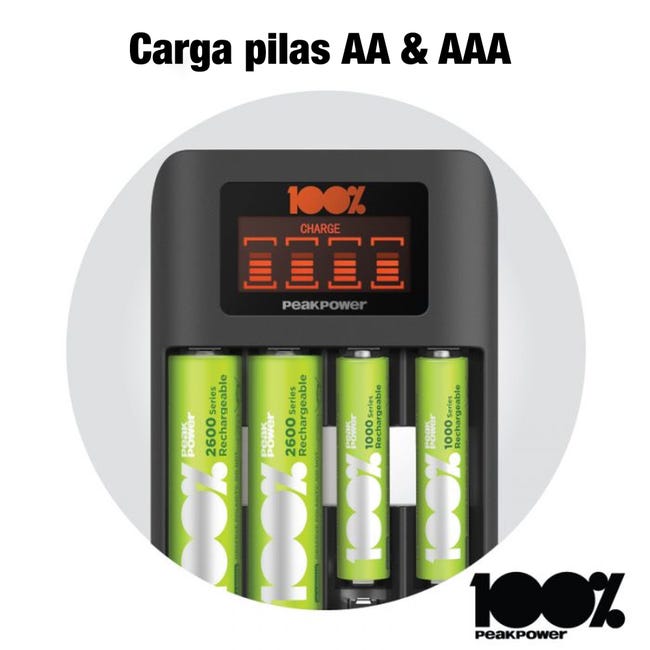 100% PeakPower Cargador de Pilas AAA y AA Super Rapido - Incluye 4 Pilas  Recargables AAA de 1000 mAh Precargadas Listas para Usar Indicador de Carg