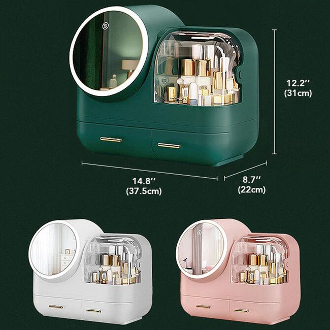 Caja organizadora de maquillaje con espejo con luz led verde Joybos
