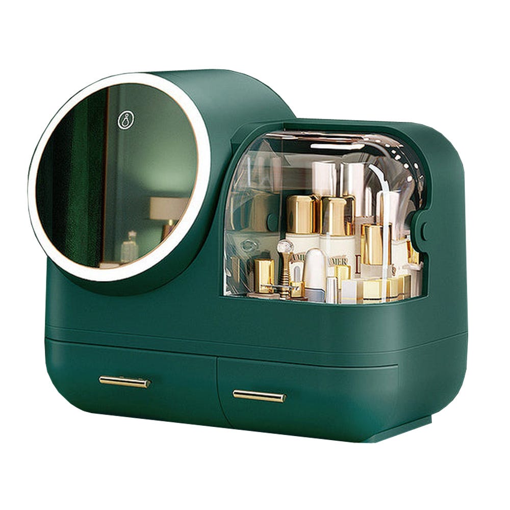 Caja organizadora de maquillaje con espejo con luz led verde