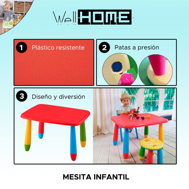WELL HOME FURNITURE & DECORATION Table enfant rectangulaire rouge, en  plastique, L:73 cm x P:58 cm x H:48 cm
