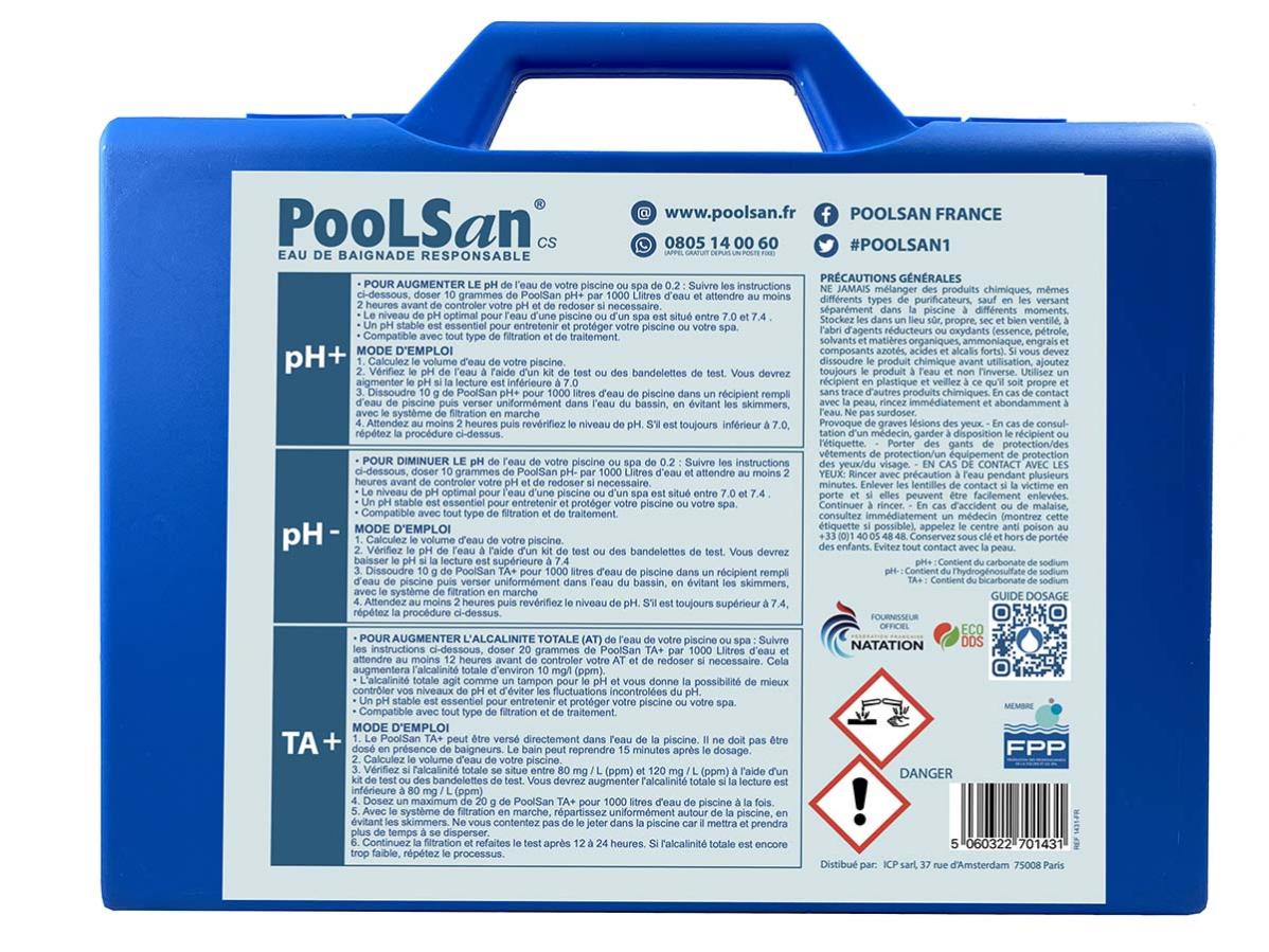 Kit Équilibre Piscine BSI PooLSan - PH Plus/Moins, TA+, Bandelettes Test - 400g Chaque