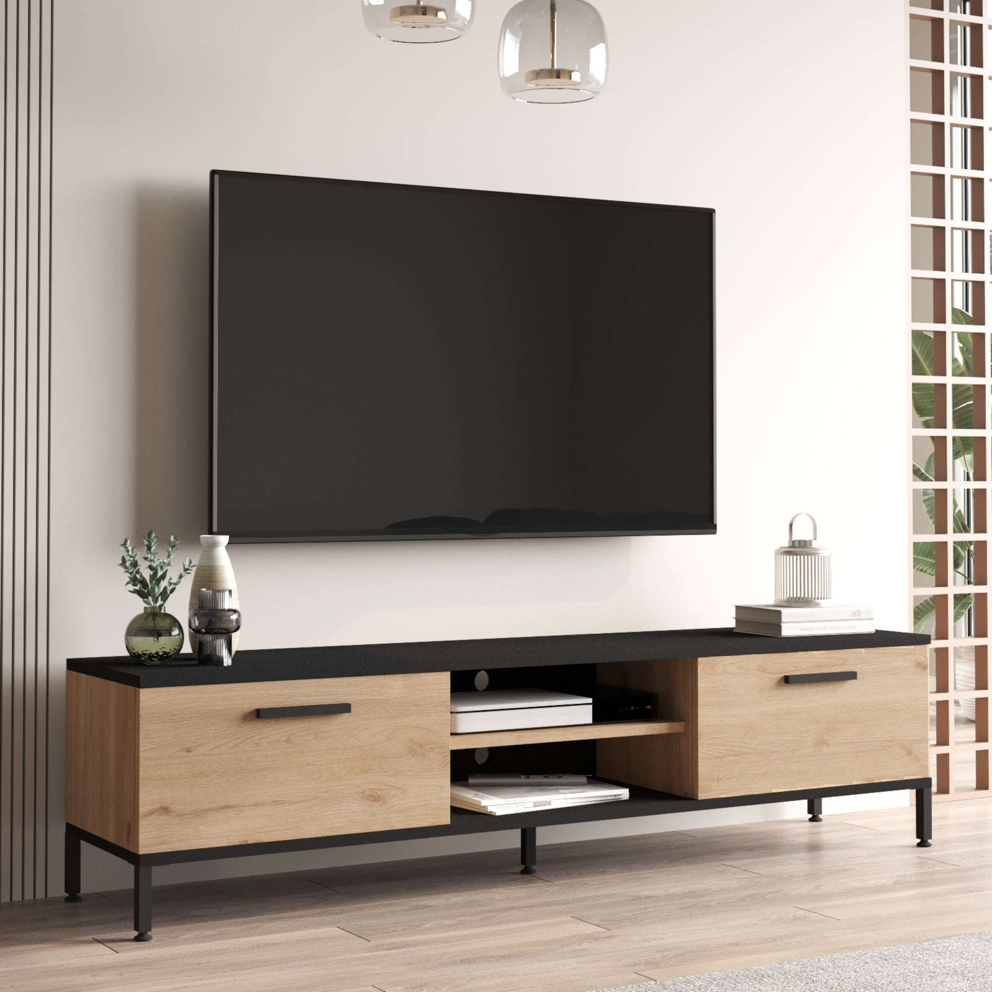 Mueble TV Asinara, Aparador bajo para salón, Aparador TV para salón,  155x43h47 cm, Roble Nodi