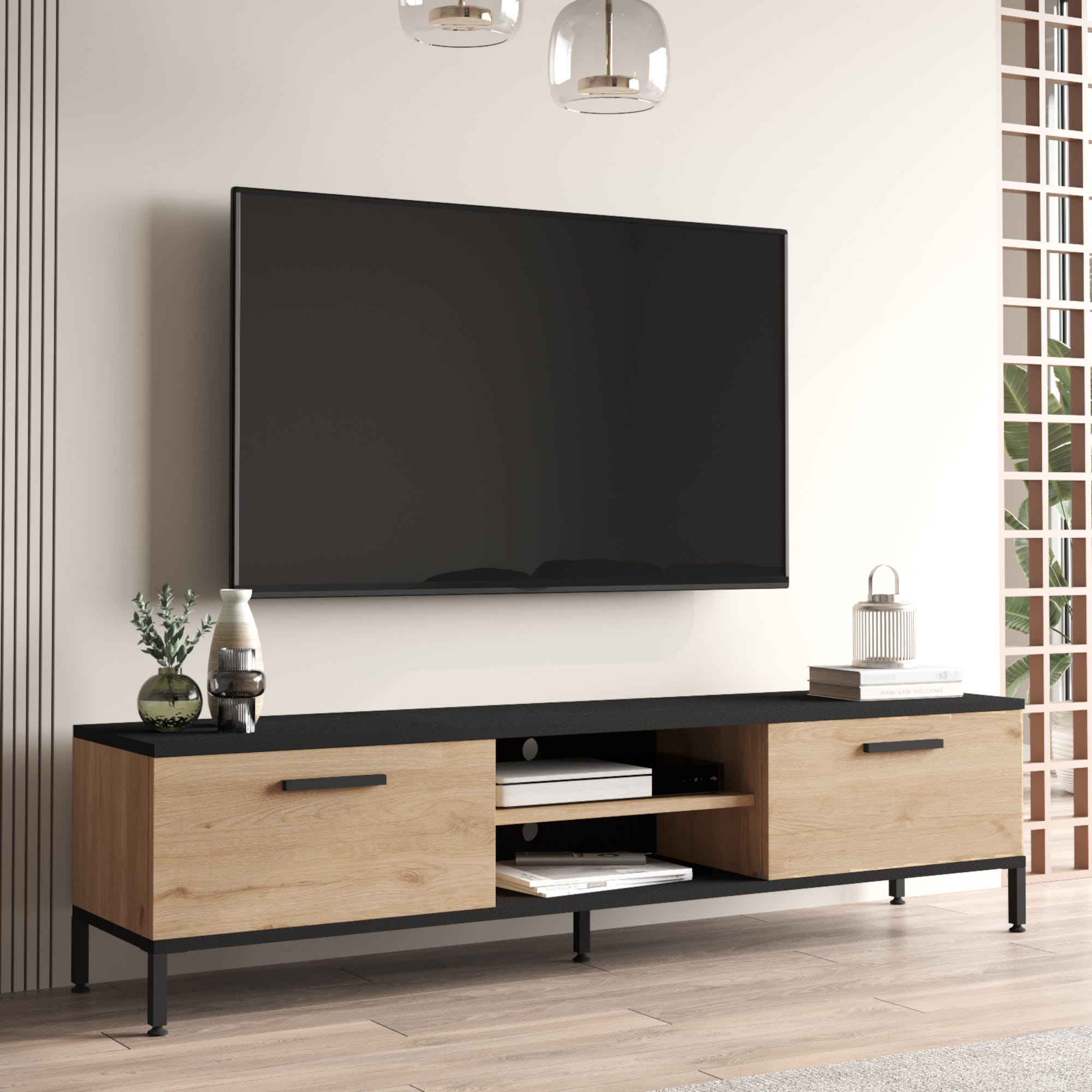 Mueble de televisión Asinara, Aparador bajo para salón, Aparador TV para  salón, 155x43h47 cm, Roble Nodi