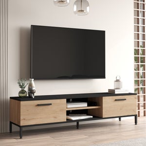 Mueble TV - 160 cm - frontal estriado, blanco con led y patas doradas -  CALVIO