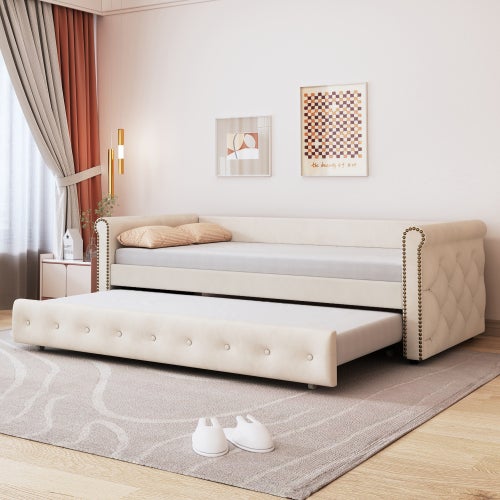 Lit enfant - Lit gigogne pour enfant avec canapé-lit extensible beige -  Tissu en lin résistant