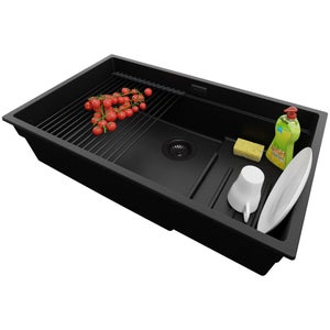 Fregadero Cocina 58 x 53 cm, Fregadero Granito Un Seno + Grifo 5700 + Kit  de Drenaje, Fregadero Empotrado de Primagran, Negro