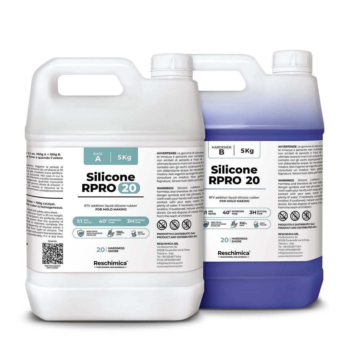 R PRO 20 gomma di silicone liquida di media durezza 1:1 , non tossica e  catalizzatore al platino (10 kg)
