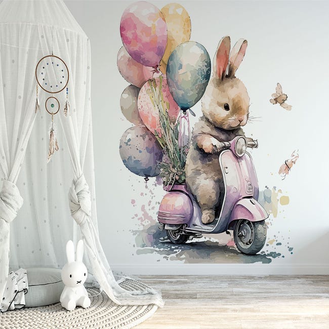 Papier peint enfant panoramique lapin avec ballon et scooter