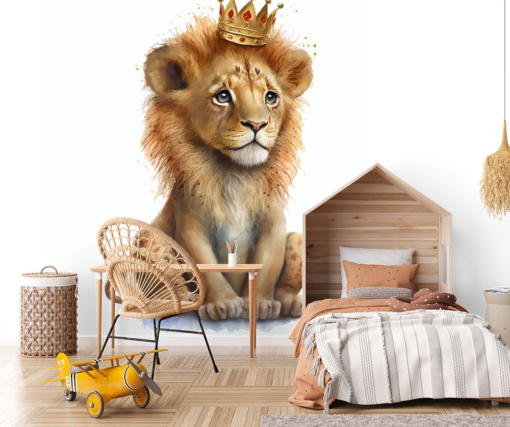 Papier peint enfant panoramique roi lion jungle couronne de fleurs  H260cms/L240cms