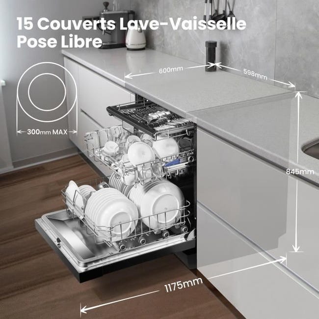 Comfee Lave-vaisselle pose libre FD1535E-DX L60cm 42db avec 15 couverts, 8  programmes, Affichage LED Dark Inox-Énergétique C