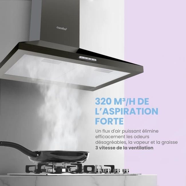 Comfee Hotte Aspirante Hotte De Cuisine 60cm-3 Vitesses- 2 Filtres à  Charbon- Recyclage ou Évacuation-LED lampe-Noir