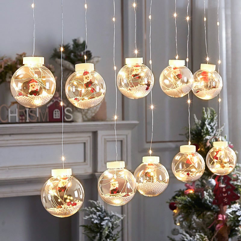 Lumières de boule de souhaits de Noël de 3 m, guirlande lumineuse de rideau  USB, décoration de Noël avec télécommande et 10 ornements du père Noël
