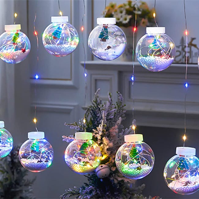 Boules lumineuses de vœux de noël de 3m, guirlande lumineuse à rideau USB,  décoration de noël avec télécommande et 10 ornements d'arbre