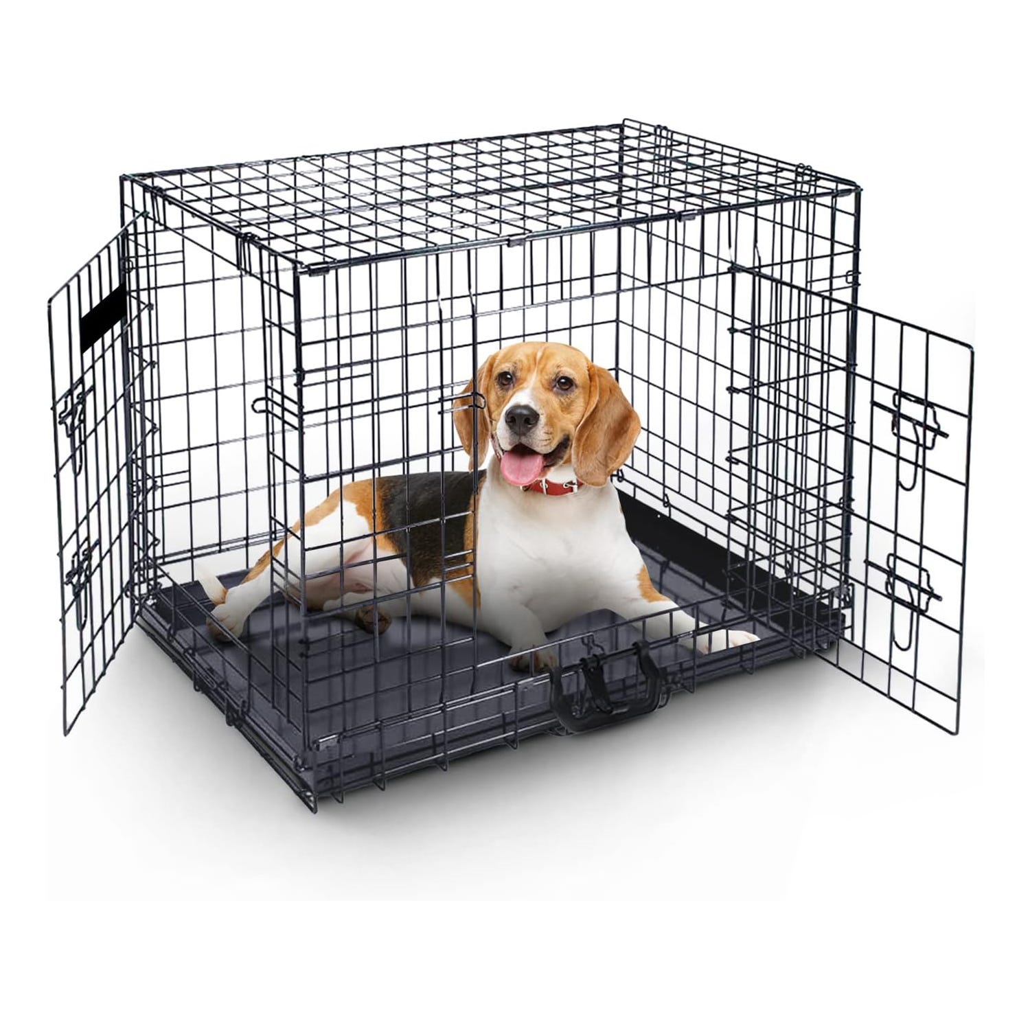 MaxxPet Cage pour Chien 92x58x64 cm - Avec poignée - Caisse de transport  pliante - 2 Portes - Panier de Transport pour Chien - Banc pour chien -  Noir