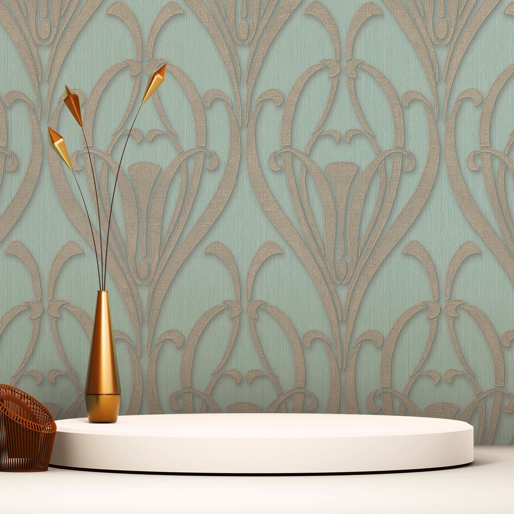 Papel pintado barroco alessia m1-no.3342 | papel pintado no tejido | turquesa | marrón | clásico | papel pintado barroco