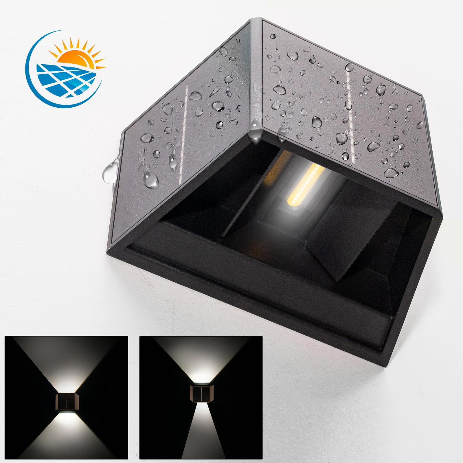 IKAR applique solare doppio fascio luminoso LED 4W lampada parete UP DOWN  sensore crepuscolare alette regolabili luce 4000K balcone