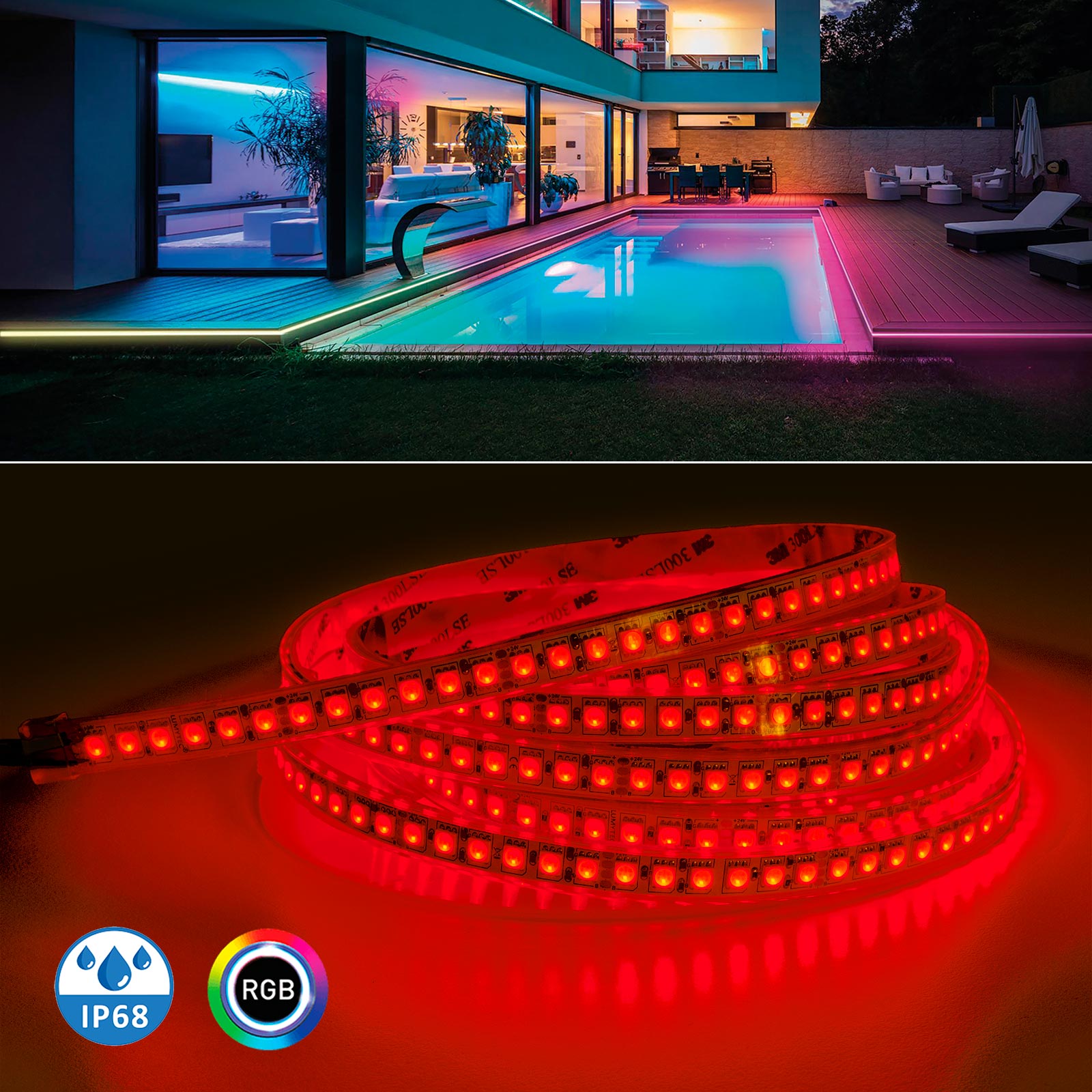 Bande LED 600 RGB, variable, 24V, IP68, multicolore, étanche, bain turc,  sauna, chromothérapie, enceinte de douche