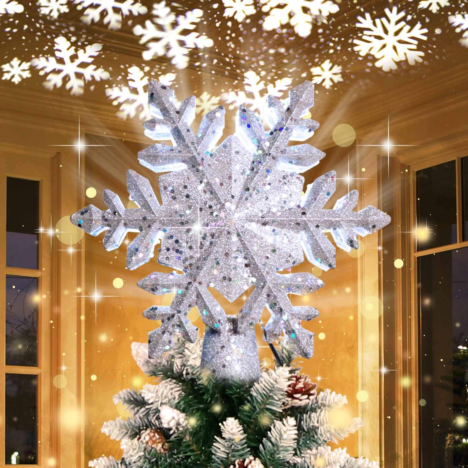 Cimier d'arbre de noël de 24cm avec projecteur de flocon de neige, flocon  de neige magique rotatif à Led, ornement de noël creux argenté