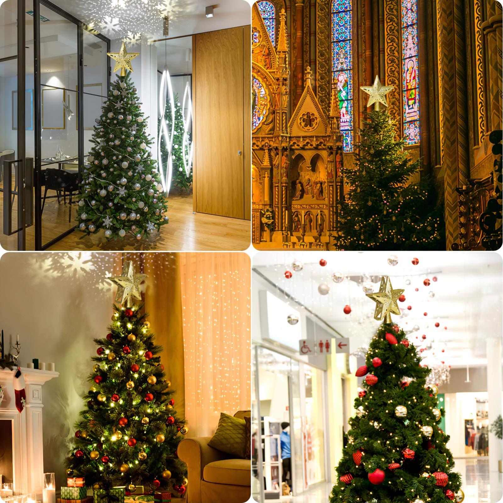 Led floco de neve projetor estrela árvore de natal topper, 28cm dourado brilhante estrela treetop iluminado girando floco de neve, decoração de natal - 5