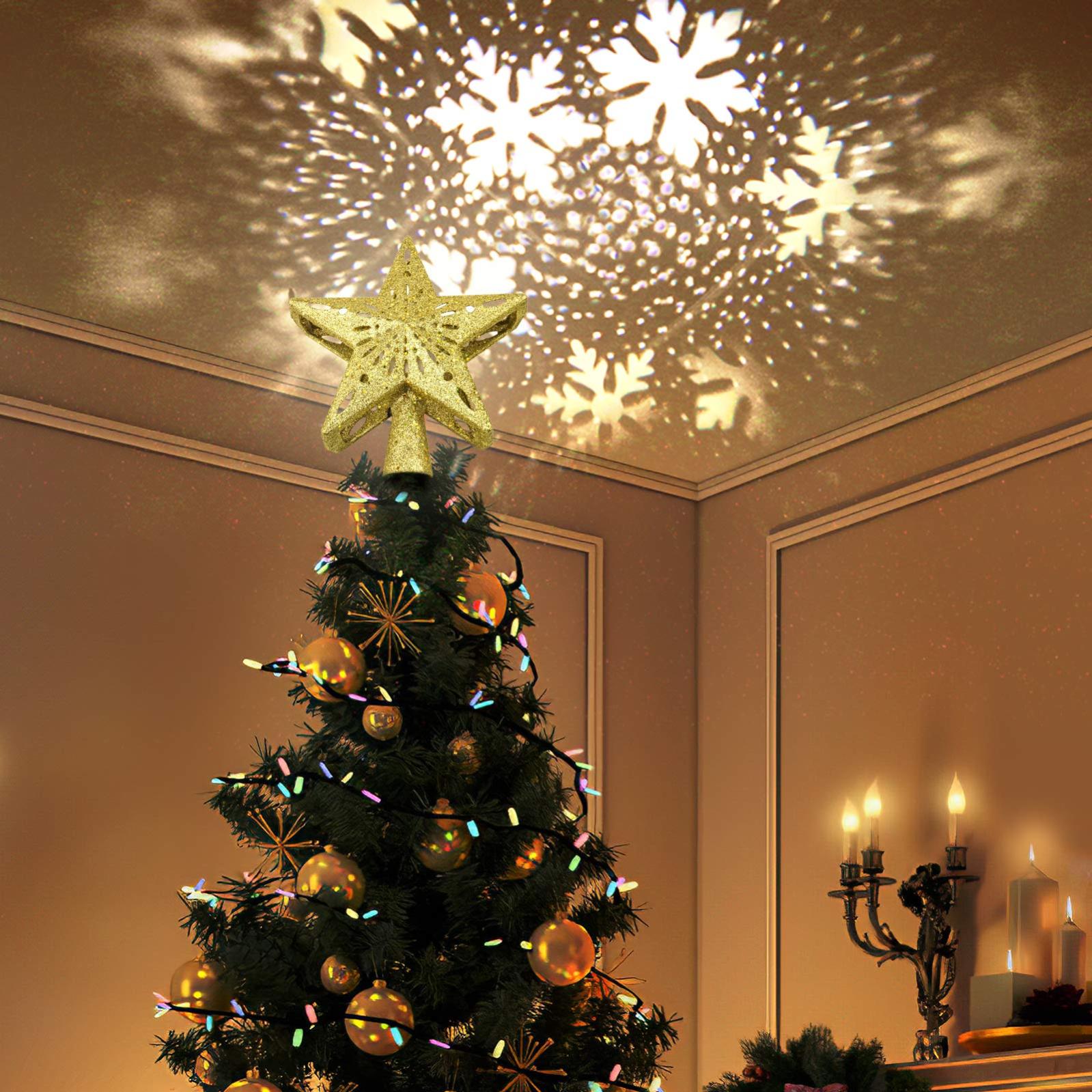 Led floco de neve projetor estrela árvore de natal topper, 28cm dourado brilhante estrela treetop iluminado girando floco de neve, decoração de natal - 3