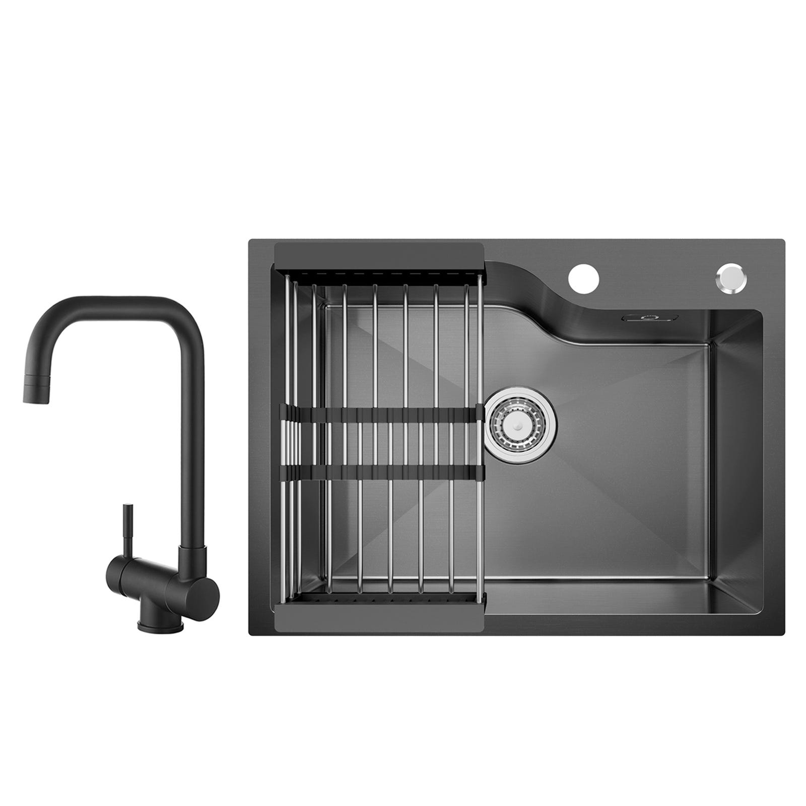 Évier de cuisine noir en acier inox 304 double bac avec drain distributeur  de savon
