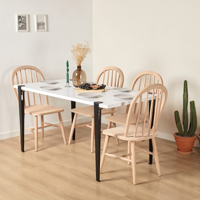Petite table à manger bois blanc et pieds acier noir Bazika 150 cm