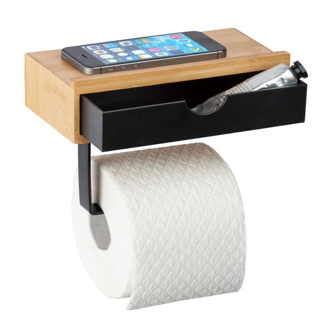 Dérouleur Porte Papier Toilette avec étagère - Tablette en Bois et