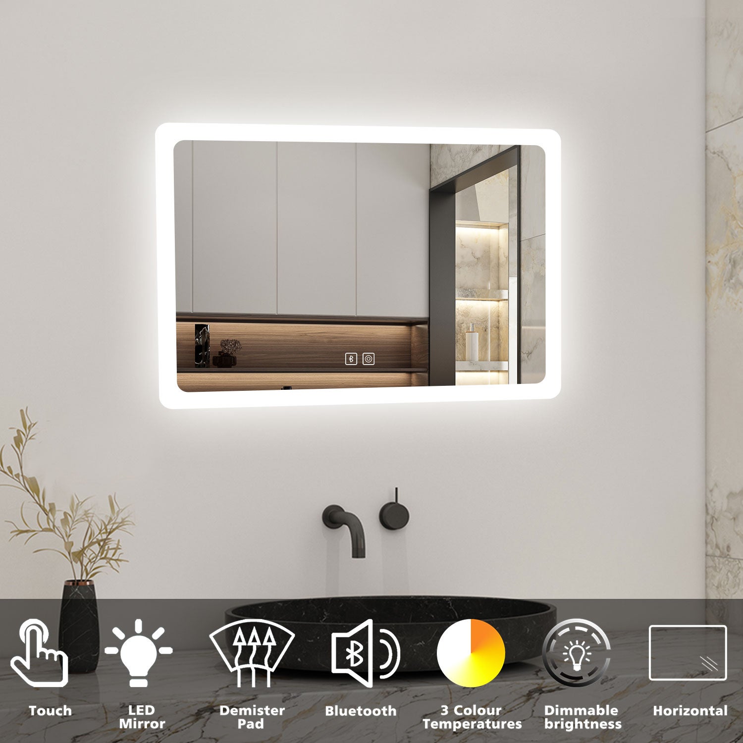 SPECCHIO DA BAGNO LED RETTANGOLARE DA PARETE AICA 70×50 cm, ANTIAPPANNAMENTO  ,TOUCH, ALTOPARLANTE BLUETOOTH