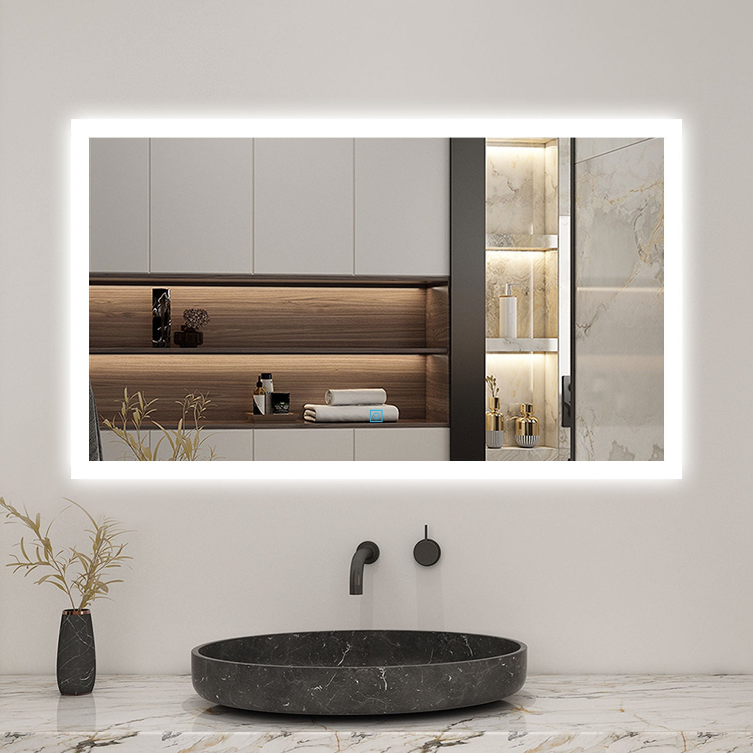 Specchio da bagno quadrato a parete LED 100×60 cm, Antiappannamento, Touch