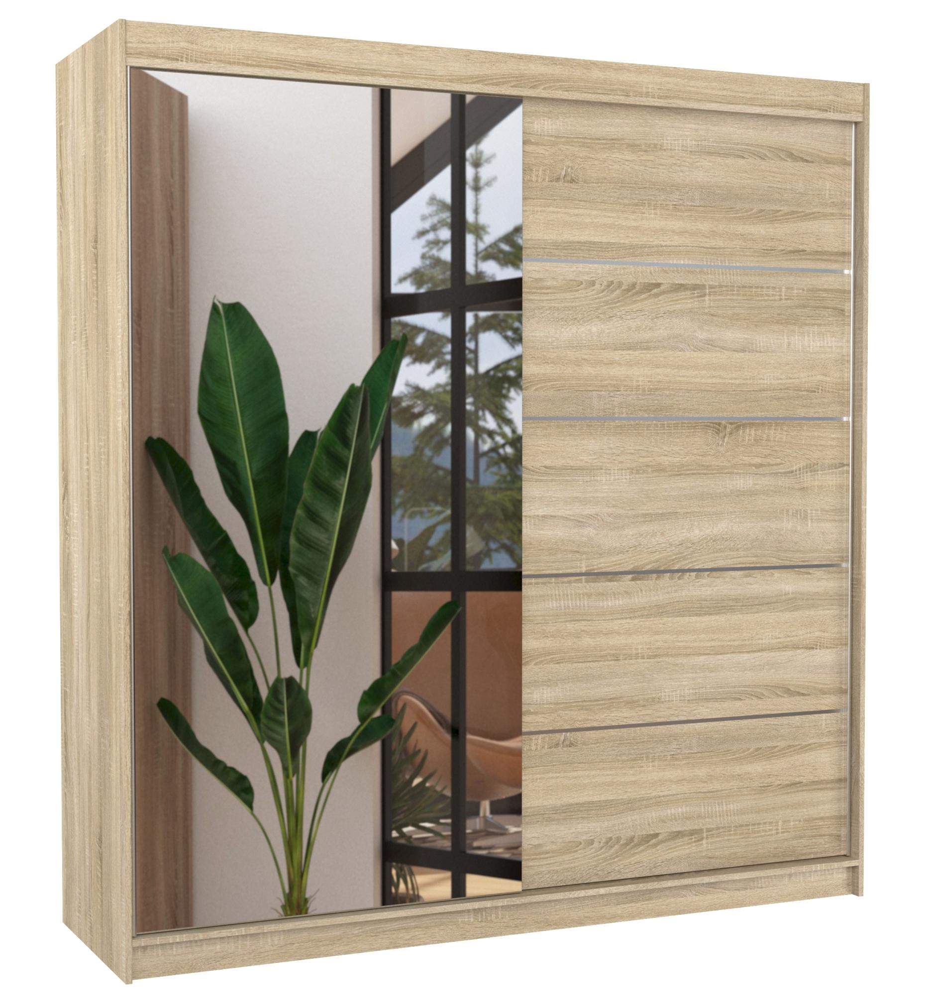 Armoire chambre adulte 2 portes coulissantes 1 naturel 1 miroir Olivia