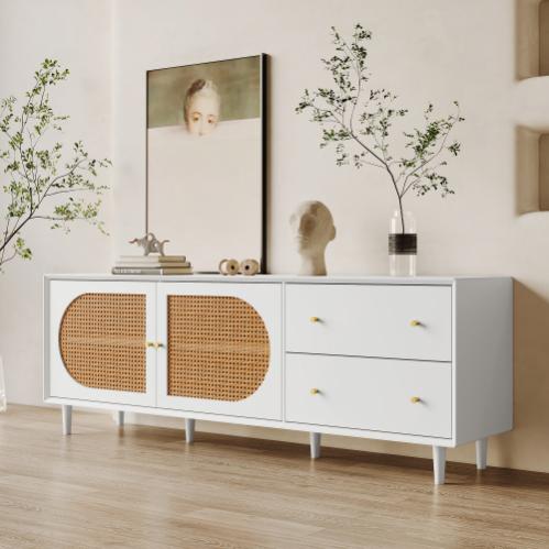 Armoire à Chaussures Rotin 90x125x17 Cm - 3 Portes + Tiroir, Pieds Bois, Blanc & Naturel