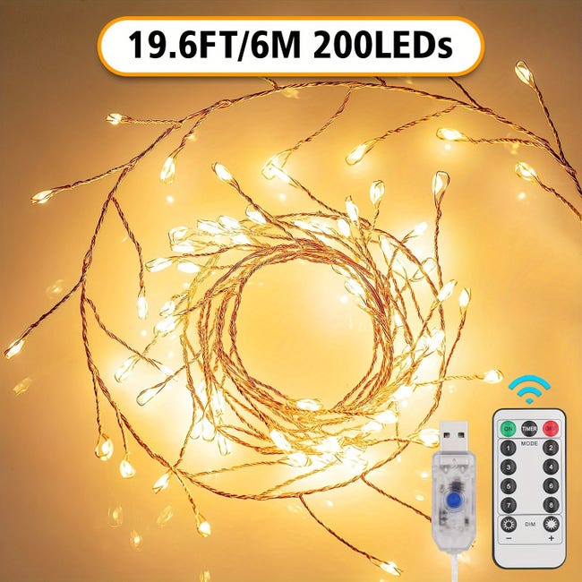 Guirlande lumineuse 200 LED avec télécommande, 6 m de guirlande lumineuse  USB pour décoration de Noël, fête, mariage, décoration d'arbre de Noël
