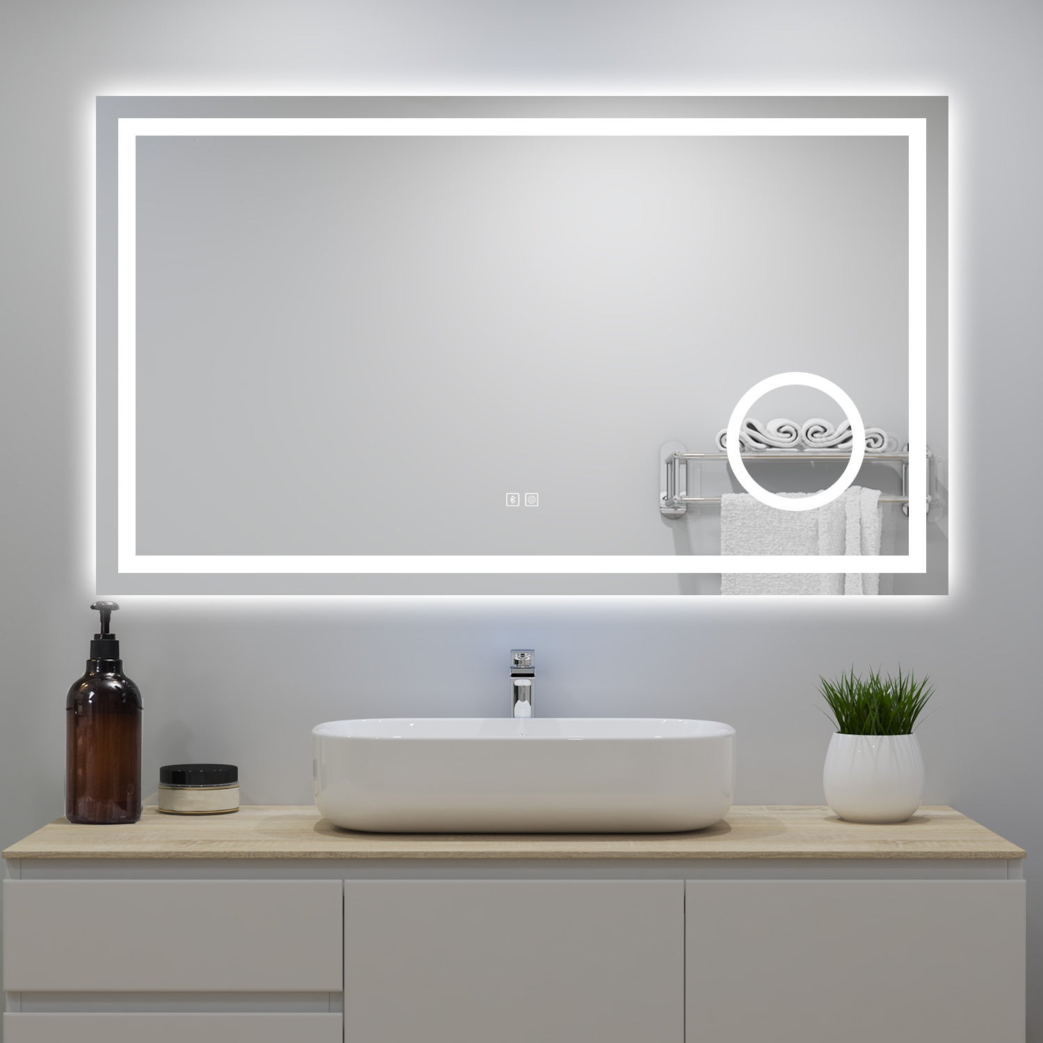 AICA Miroir LED tactile avec bluetooth 80*60cm, 3 couleurs antibuée avec un  miroir grossissant intégré avec lumière