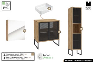 Set bagno completo - Mobile - Colonna - Specchio - Lavabo da appoggio con  Sifone FREE, NOVA, Nero, 60 x 56 x 45 cm