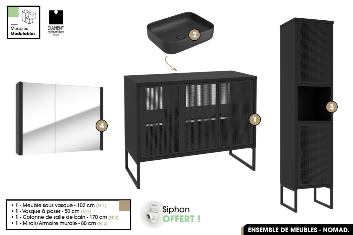 Meuble de salle de bains 60 cm 3 Tiroirs Chêne Naturel + Vasque Céramique Noire - TIMBER - Maison