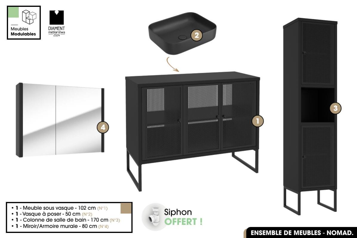 Meuble de salle de bains 60 cm 3 Tiroirs Chêne Naturel + Vasque Céramique Noire - TIMBER - Maison Meuble de salle de bains 60 cm 3 Tiroirs Chêne Naturel + Vasque Céramique Noire - TIMBER - Maison