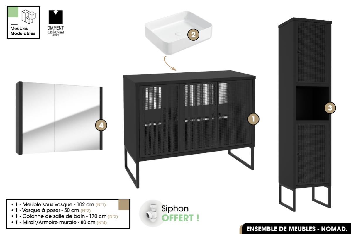 Mobile da bagno 60cm da Appoggiare 2 Ante Rovere Lavabo Nero + Specchio