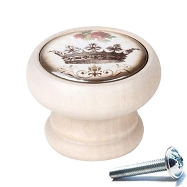 6 Un. bouton poignées de meuble Vintage Retro bois blanc décapé couronne- diamètre 40MM - 2