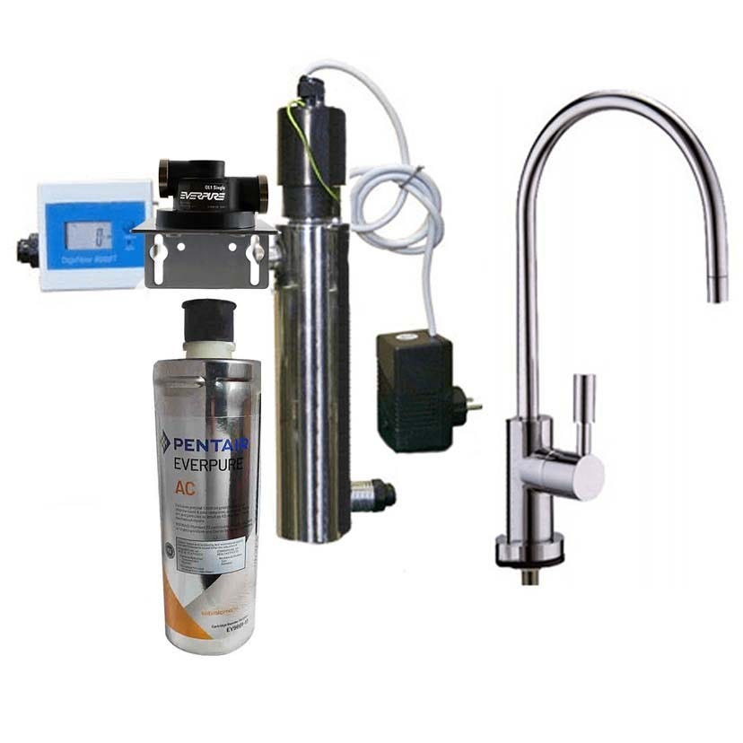 Sistema di filtrazione Everpure completo di filtro Everpure AC, sistema uv  12 watt - 5 lt/min e rubinetto ad 1 via Hike pronto per l'installazione \n
