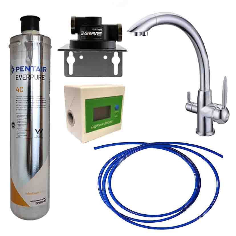 Sistema di filtrazione Everpure completo di Filtro 4C, contalitri digitale  e rubinetto 3 vie cromo 10003024-CR pronto per l'installazione!