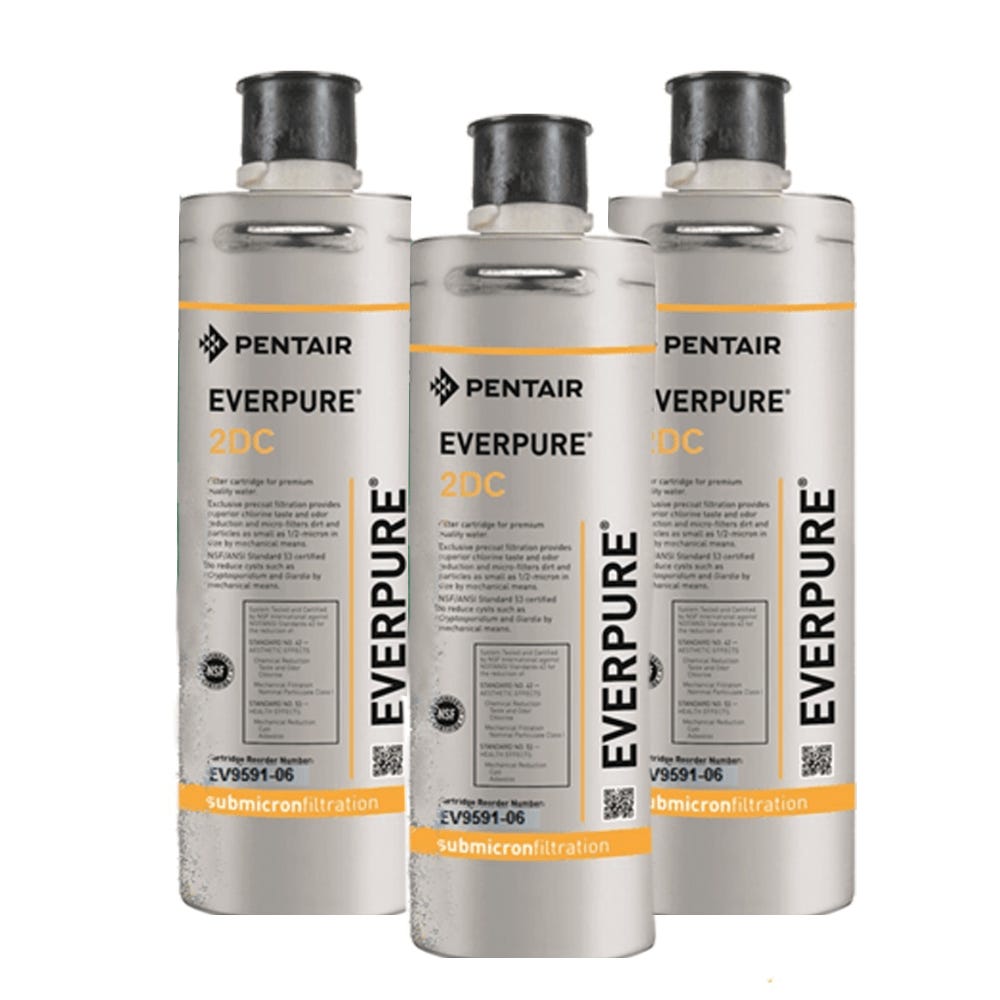3 filtri Everpure 2DC per una efficace riduzione del cloro, sapori ed odori  con molecole d'argento per impedire la proliferazione batterica