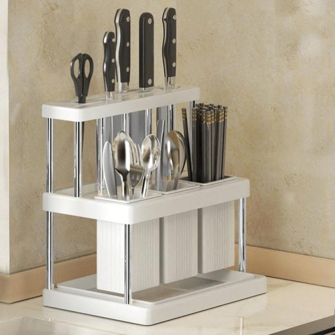 Égouttoir à ustensiles de cuisine – Baguettes en plastique, couteau,  cuillère, support de rangement pour comptoir de cuisine, blanc, 23 x 16 x  25 cm