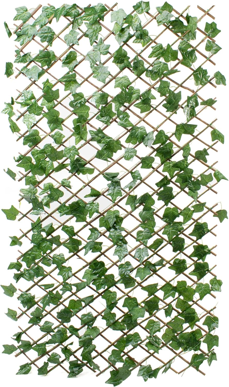 Celosia| Composición Madera Mimbre Natural| Hojas de Hiedra Artificial|  Rejilla| Celosia Madera| Jardin| Patio| Terraza