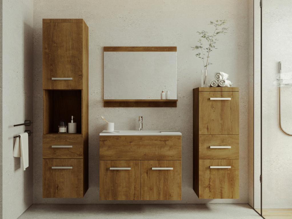 Meuble de salle de bain suspendu coloris naturel foncé avec simple