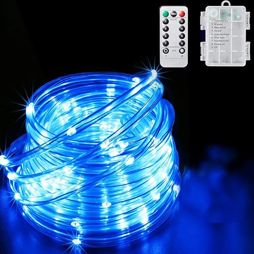 Guirlande lumineuse bleue, bande lumineuse 5 m 50 LED avec télécommande, 8  modes d'éclairage extérieur à piles pour fête de Noël Halloween