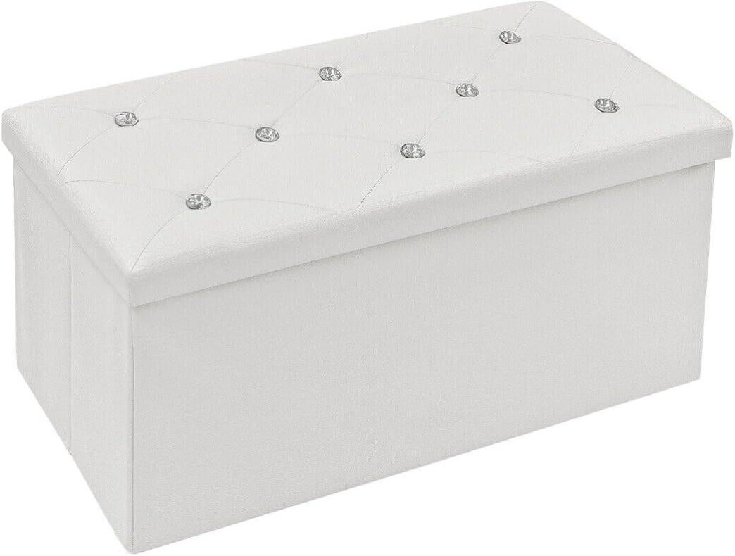 Coffre De Rangement Avec Couvercle Amovible Diamant Strass Tabouret Repose Pieds Blanc 76x38x38 90171088