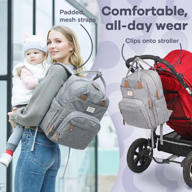 RUVALINO Mochila grande para panales con bolso multifuncional para bebe y cambiador nomada con clip para chupete Talla unica Gris Leroy Merlin