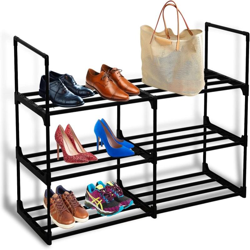 Étagère à Chaussures Extensible 3 Niveaux - Rangement Gain De Place Pour Entrée, Placard - Noir, Métal