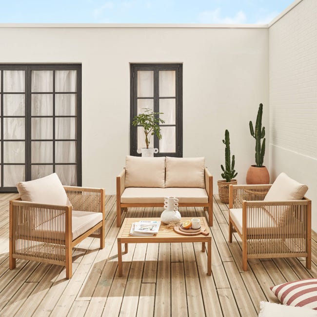 Salon de jardin ALCIRA 4 places en bois d'acacia et cordes beiges et  coussins beiges. 1 canapé 2 pl + 2 fauteuils + 1